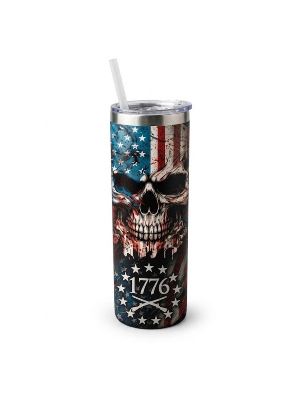 1776 American Flag Skull Stainless Tumbler - Patriotic Red, White & Blue